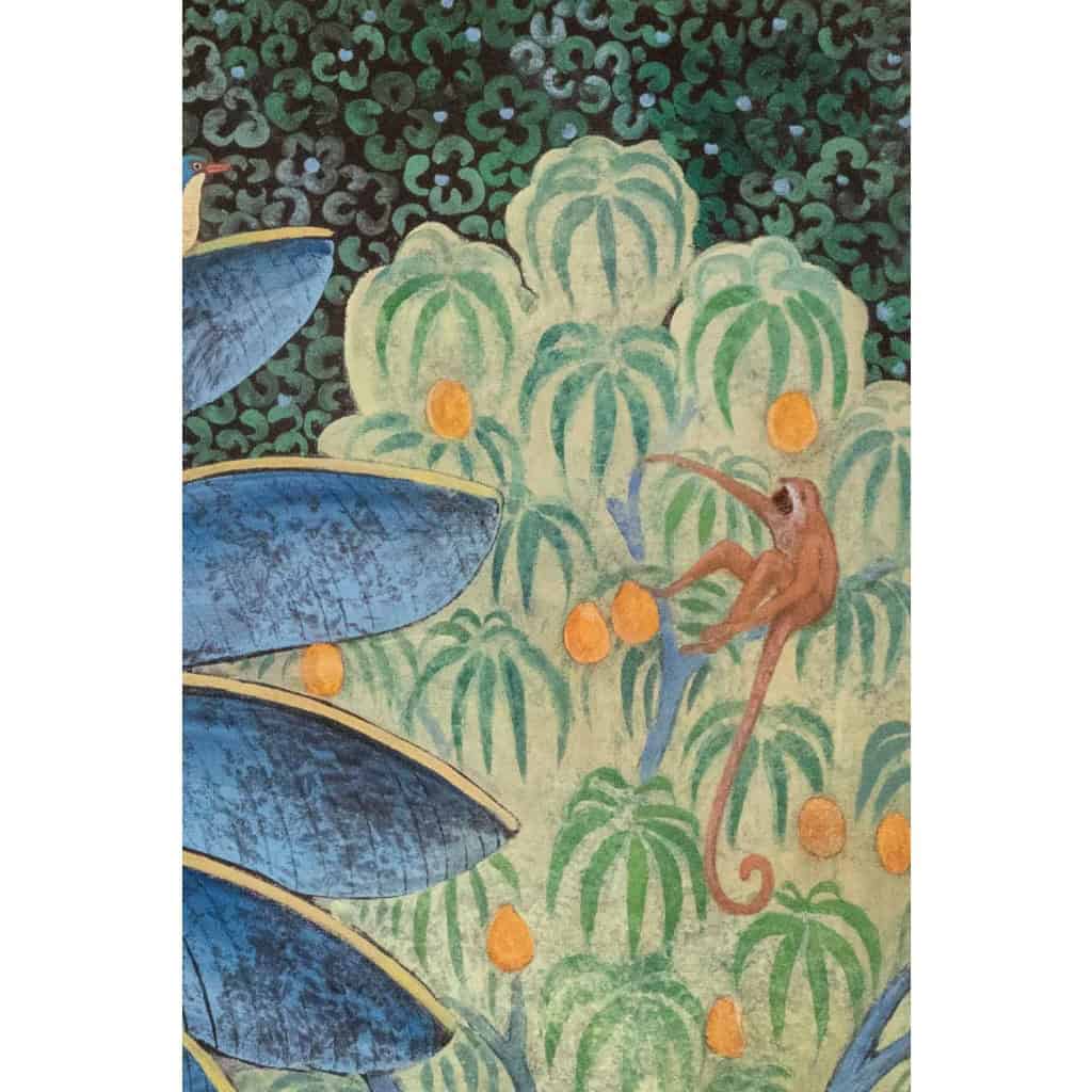 Toile peinte représentant des singes sur un arbre fruitier. Contemporain.LS6136459I 5