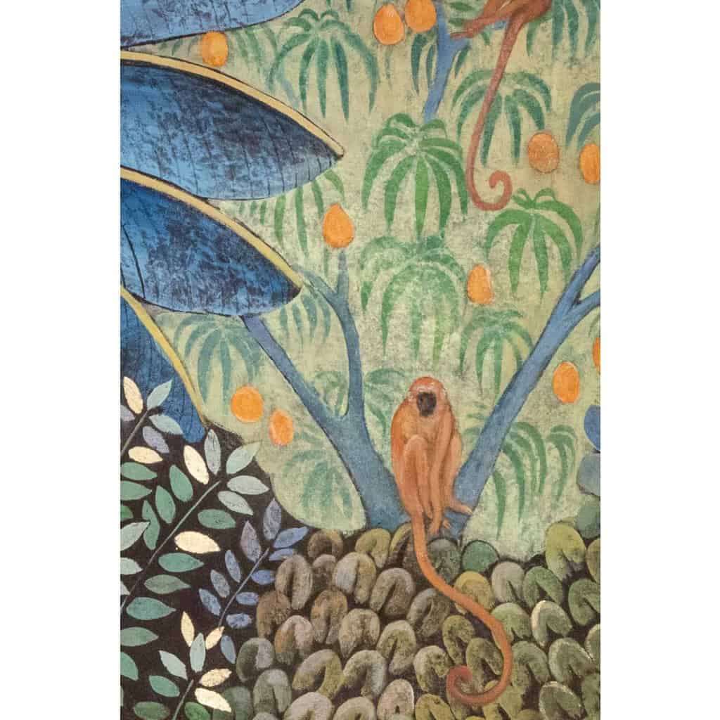 Toile peinte représentant des singes sur un arbre fruitier. Contemporain.LS6136459I 6