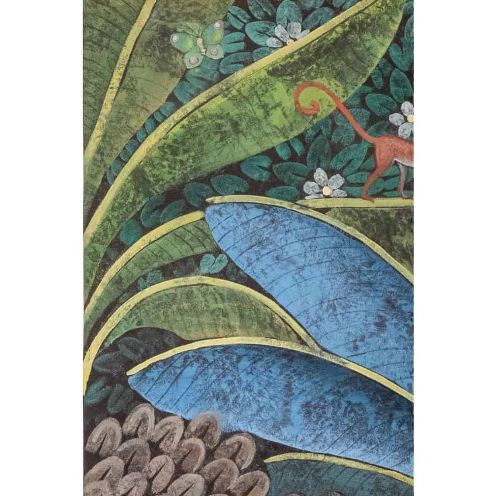Toile peinte représentant un toucan sur un fond stylisé. Contemporain. LS6137458J 7