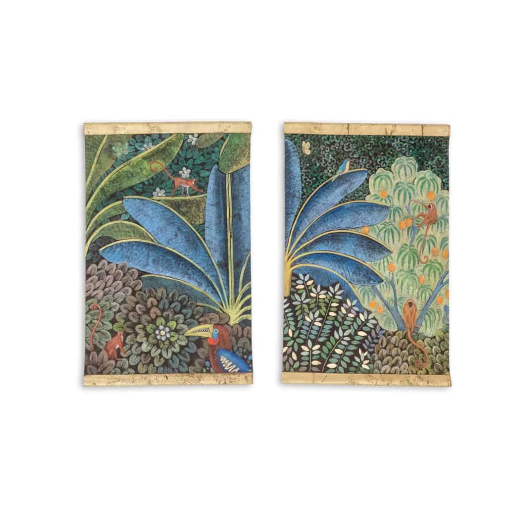 Toile peinte représentant des singes sur un arbre fruitier. Contemporain.LS6136459I 8