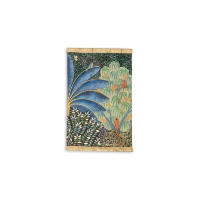 Toile peinte représentant des singes sur un arbre fruitier. Contemporain.LS6136459I