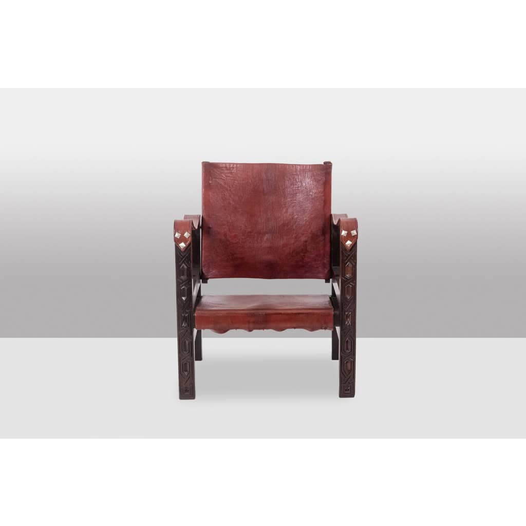 Fauteuil « Safari » en bois et cuir cognac. Années 1960/70. 4