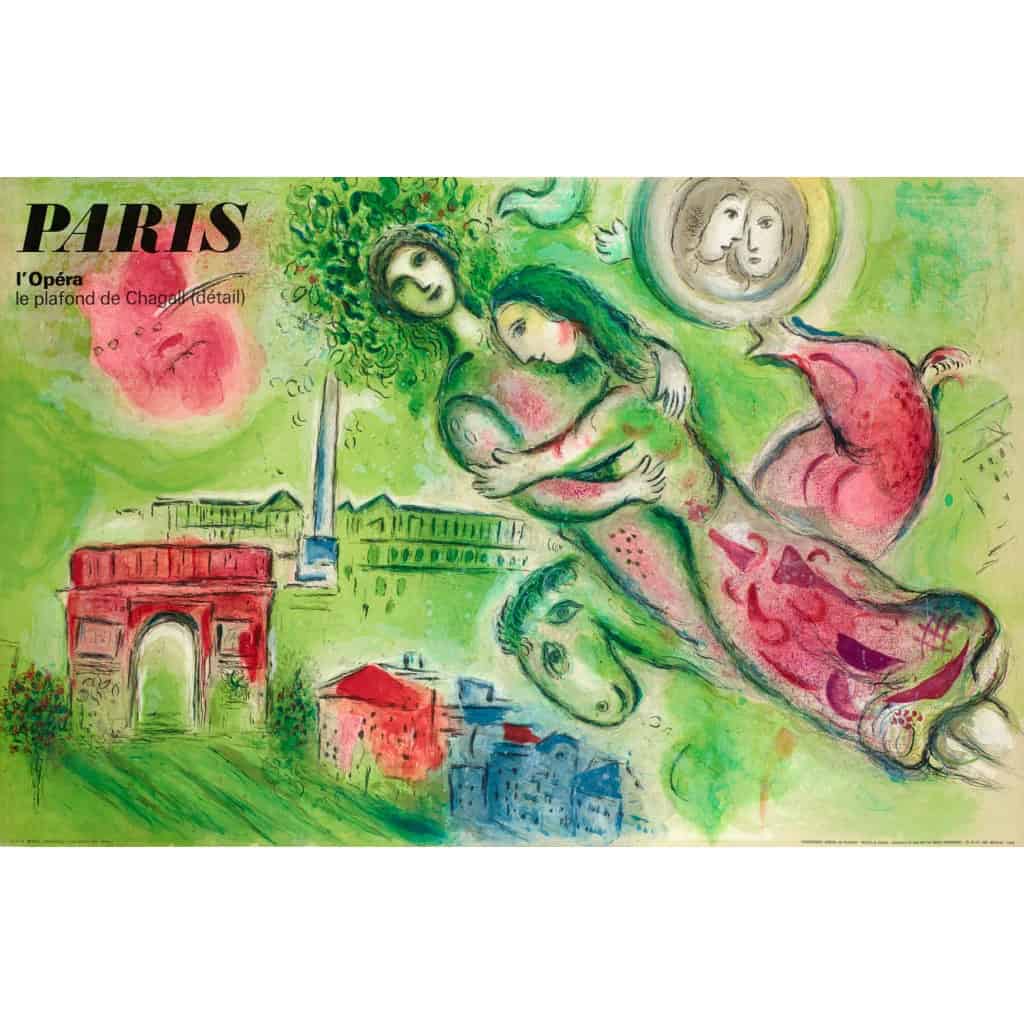 Affiche Tourisme Originale, Marc Chagall, Paris, Opéra, Roméo et Juliette, Couple, Cheval, Arc de Triomphe, Concorde, Plafond, 1964 3