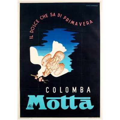Affiche Art Déco Originale, Adolphe Mouron Cassandre, Colomba Motta, Panettone, Biscuits, Biscuiterie, Pâtisserie, Boulangerie, Brioche, Beurre, Pain, Alimentation, Nourriture, Cuisine, Colombe, Pâques, Italie, 1936