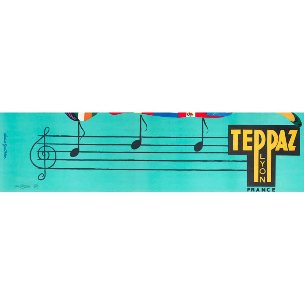 Affiche Originale, Alain Gauthier, Teppaz, Musique, Instrument, Electrophone, Tourne-Disque, Platine, Disques, Partition, Femme, Drapeaux, Joie, Lyon, c.1960 5