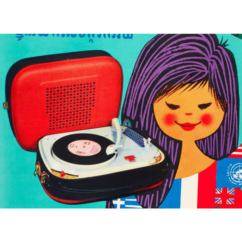 Affiche Originale, Alain Gauthier, Teppaz, Musique, Instrument, Electrophone, Tourne-Disque, Platine, Disques, Partition, Femme, Drapeaux, Joie, Lyon, c.1960 6