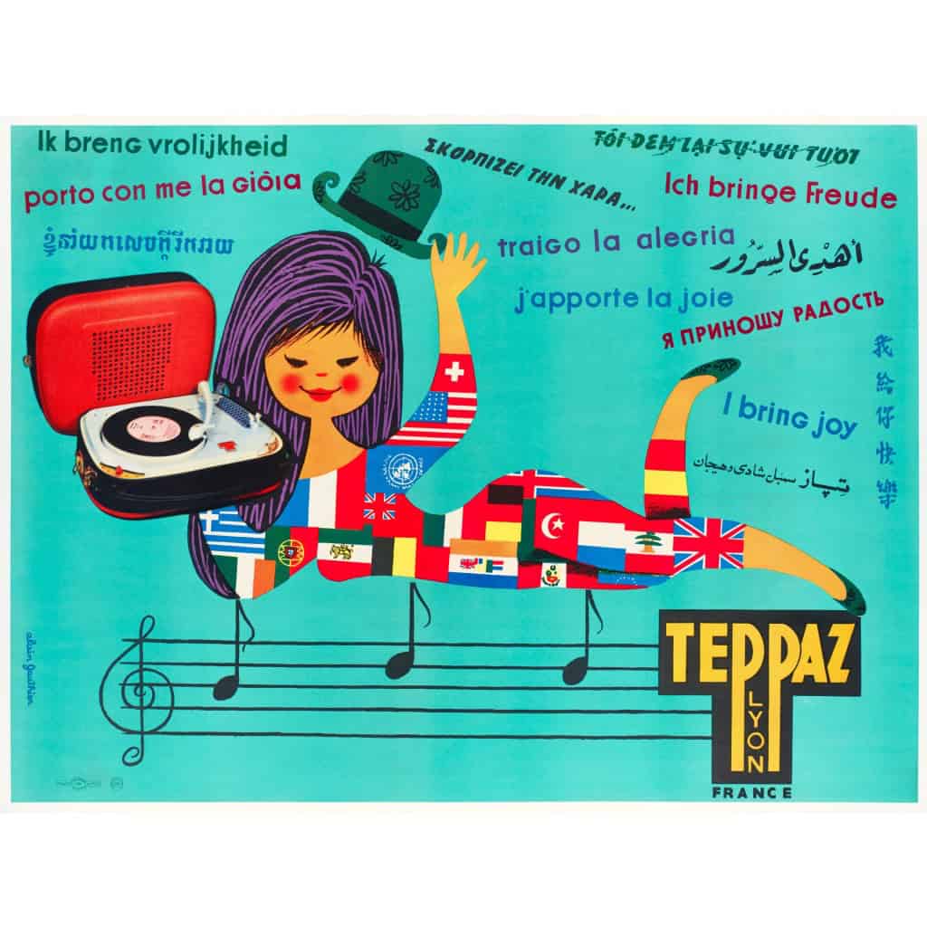 Affiche Originale, Alain Gauthier, Teppaz, Musique, Instrument, Electrophone, Tourne-Disque, Platine, Disques, Partition, Femme, Drapeaux, Joie, Lyon, c.1960 3