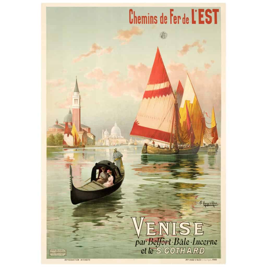 Affiche Tourisme Originale, Hugo d’Alési, Venise, Chemins de Fer, Transport, Voyage, Trains, Gondole, Voilier, Le Pô, Basilique Saint-Marc, Palais des Doges, Italie, c.1890 3