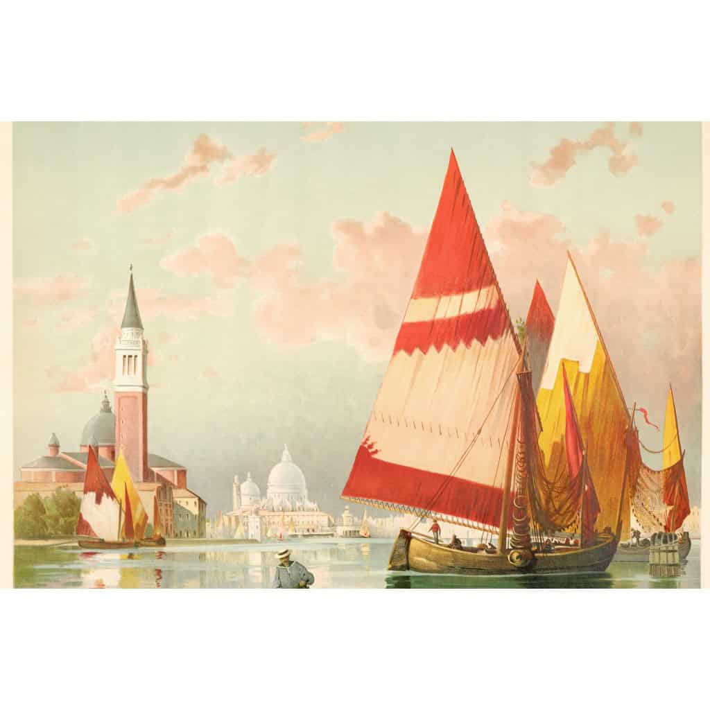 Affiche Tourisme Originale, Hugo d’Alési, Venise, Chemins de Fer, Transport, Voyage, Trains, Gondole, Voilier, Le Pô, Basilique Saint-Marc, Palais des Doges, Italie, c.1890 5