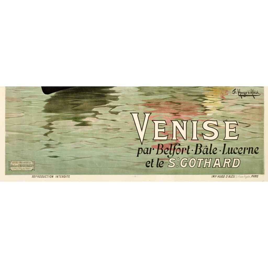 Affiche Tourisme Originale, Hugo d’Alési, Venise, Chemins de Fer, Transport, Voyage, Trains, Gondole, Voilier, Le Pô, Basilique Saint-Marc, Palais des Doges, Italie, c.1890 7