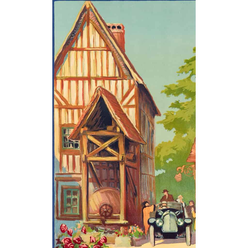 Affiche Tourisme Originale, Alo, Pont-Audemer, Auberge du Vieux Puits, Voyage, Transport, Normandie, Petite Venise, Automobile, Colombages, 1922 4