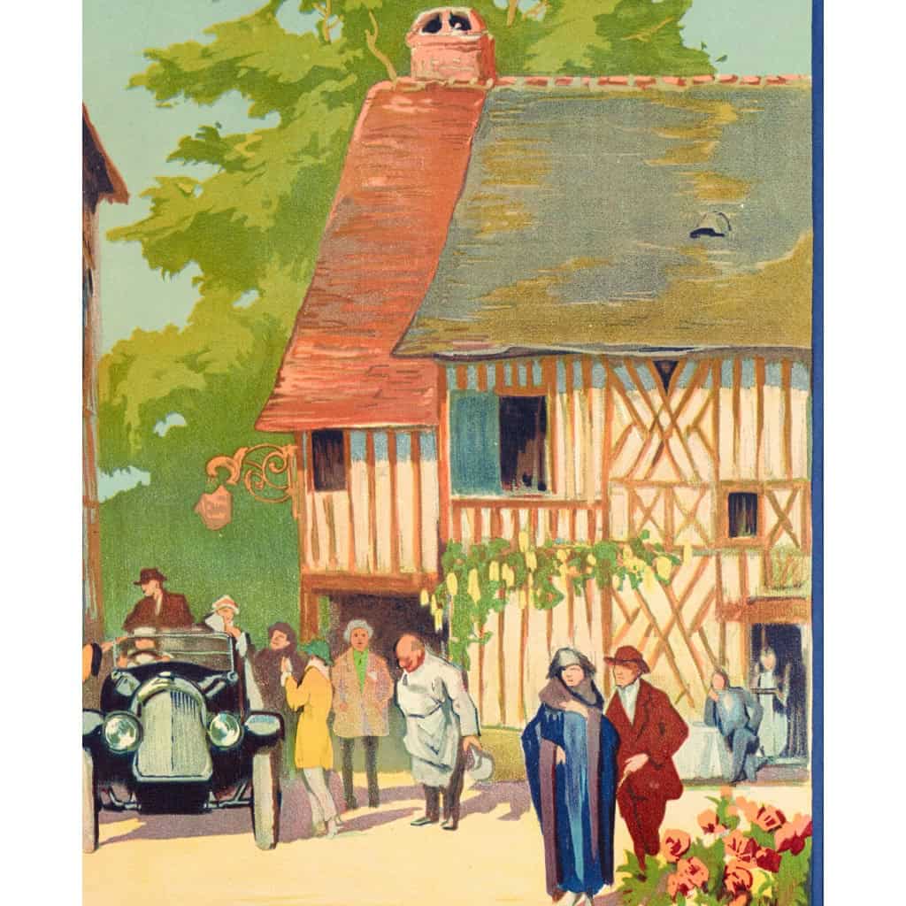Affiche Tourisme Originale, Alo, Pont-Audemer, Auberge du Vieux Puits, Voyage, Transport, Normandie, Petite Venise, Automobile, Colombages, 1922 5