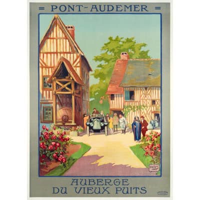 Affiche Tourisme Originale, Alo, Pont-Audemer, Auberge du Vieux Puits, Voyage, Transport, Normandie, Petite Venise, Automobile, Colombages, 1922