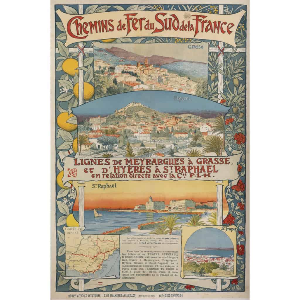 Affiche Tourisme Originale, Art Nouveau, Chemins de Fer du Sud, PLM, Transport, Voyage, Trains, Côte d’Azur, Grasse, Hyères, St Raphaël, St Tropez, Meyrargues, Fleurs, Citron, Citronnier, Olive, c.1890 3