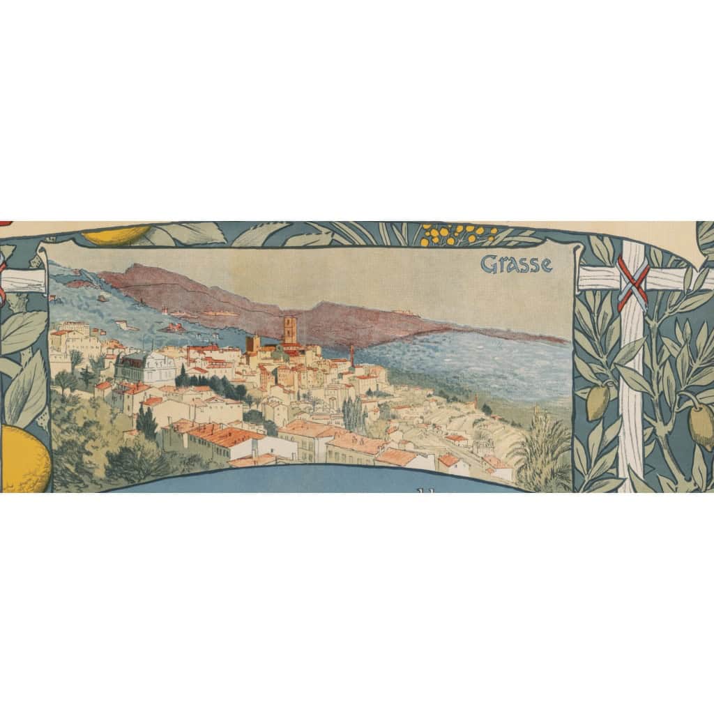 Affiche Tourisme Originale, Art Nouveau, Chemins de Fer du Sud, PLM, Transport, Voyage, Trains, Côte d’Azur, Grasse, Hyères, St Raphaël, St Tropez, Meyrargues, Fleurs, Citron, Citronnier, Olive, c.1890 4