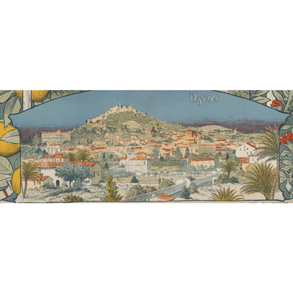 Affiche Tourisme Originale, Art Nouveau, Chemins de Fer du Sud, PLM, Transport, Voyage, Trains, Côte d’Azur, Grasse, Hyères, St Raphaël, St Tropez, Meyrargues, Fleurs, Citron, Citronnier, Olive, c.1890 5