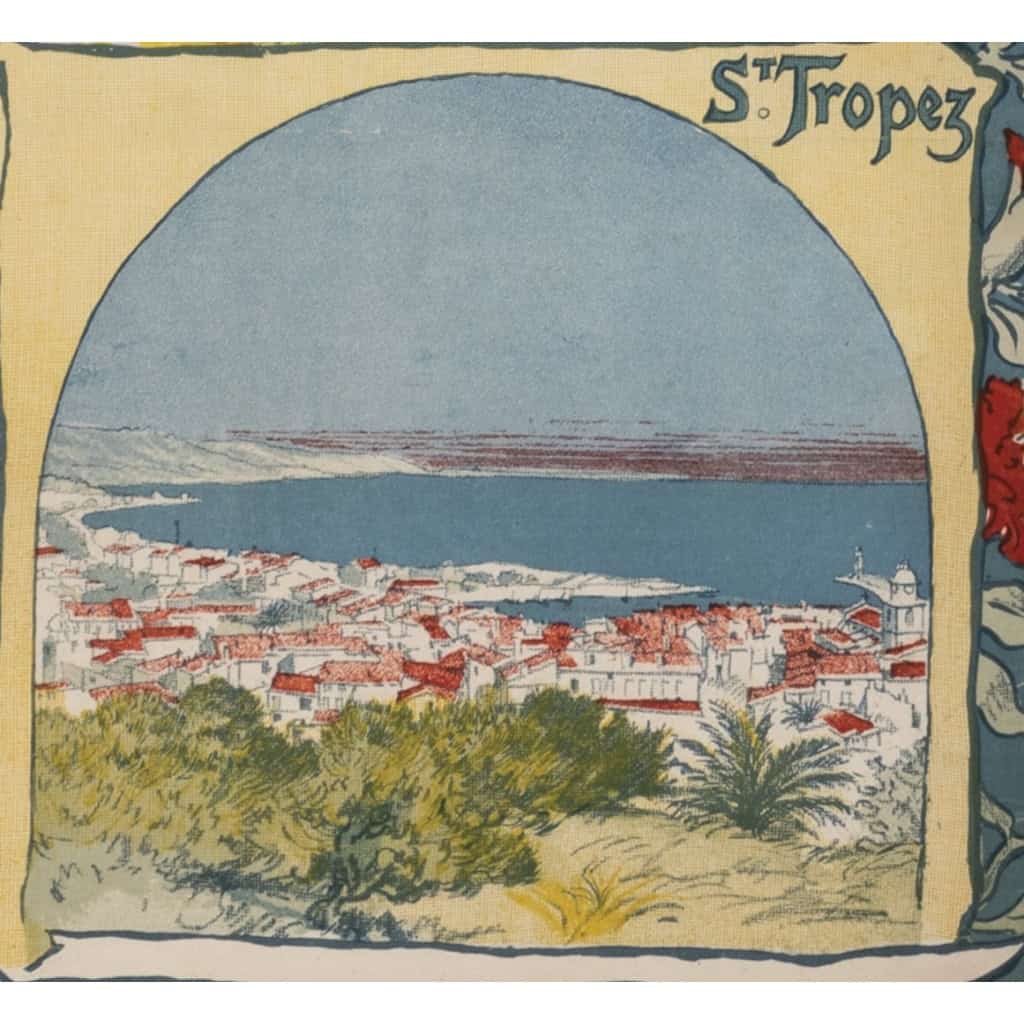 Affiche Tourisme Originale, Art Nouveau, Chemins de Fer du Sud, PLM, Transport, Voyage, Trains, Côte d’Azur, Grasse, Hyères, St Raphaël, St Tropez, Meyrargues, Fleurs, Citron, Citronnier, Olive, c.1890 7