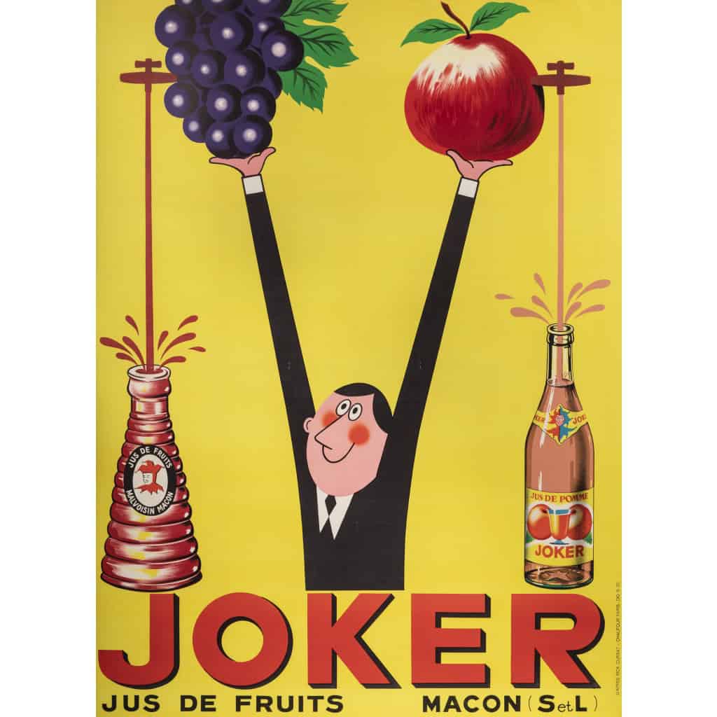 Affiche Originale, Rick Cursat, Joker, Jus de Fruits, Boisson, Bouteille, Pomme, Raisin, Grappe, Agrume, Liquide, Mâcon, c.1960 3