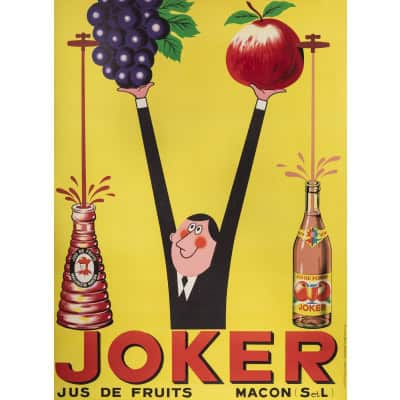 Affiche Originale, Rick Cursat, Joker, Jus de Fruits, Boisson, Bouteille, Pomme, Raisin, Grappe, Agrume, Liquide, Mâcon, c.1960