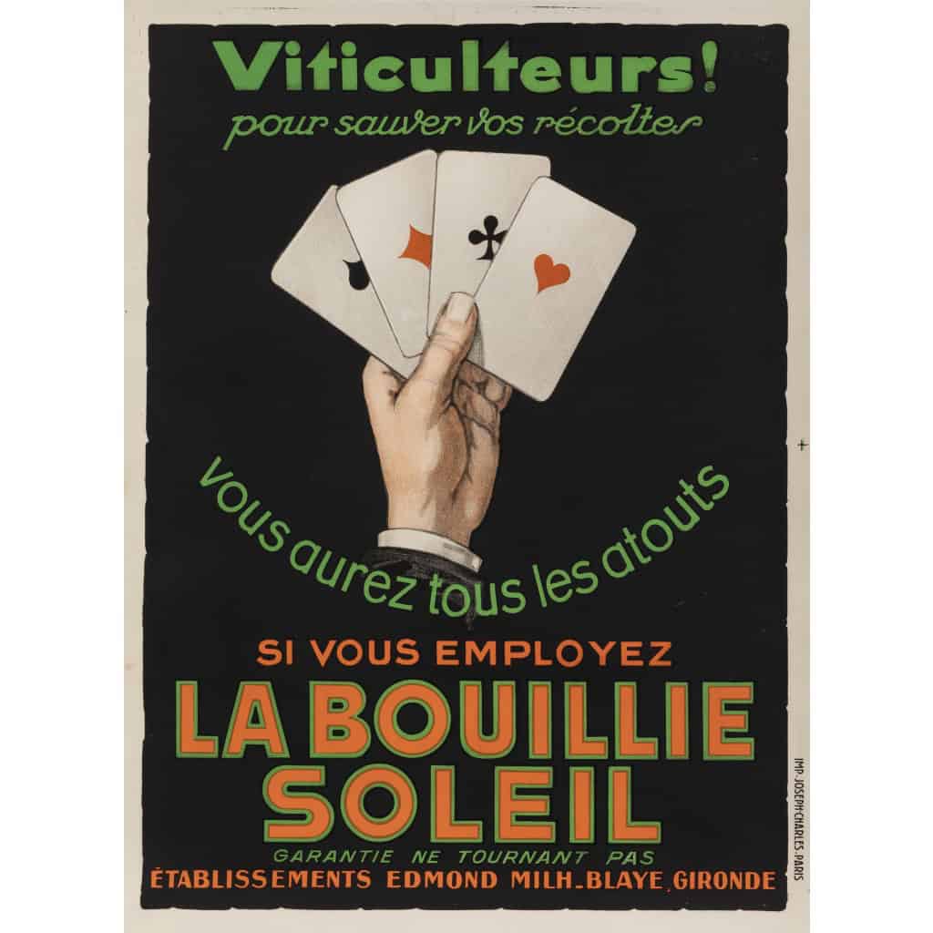 Affiche Originale, La Bouillie Soleil, Viticulteur, Vigneron, Vignoble, Vigne, Raisin, Récolte, Engrais, Gironde, Main, Cartes, As, c.1930 3