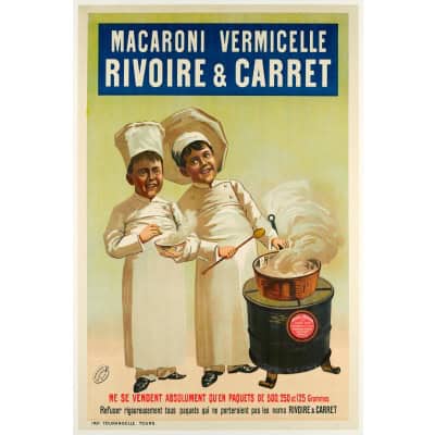 Affiche Art Nouveau Originale, Macaroni et Vermicelle, Rivoire et Carret, Pâtes, Spaghetti, Cuisine, Alimentation, Nourriture, Restaurant, Chef, Marmite, Casserole, Poêle, Lyon c.1900