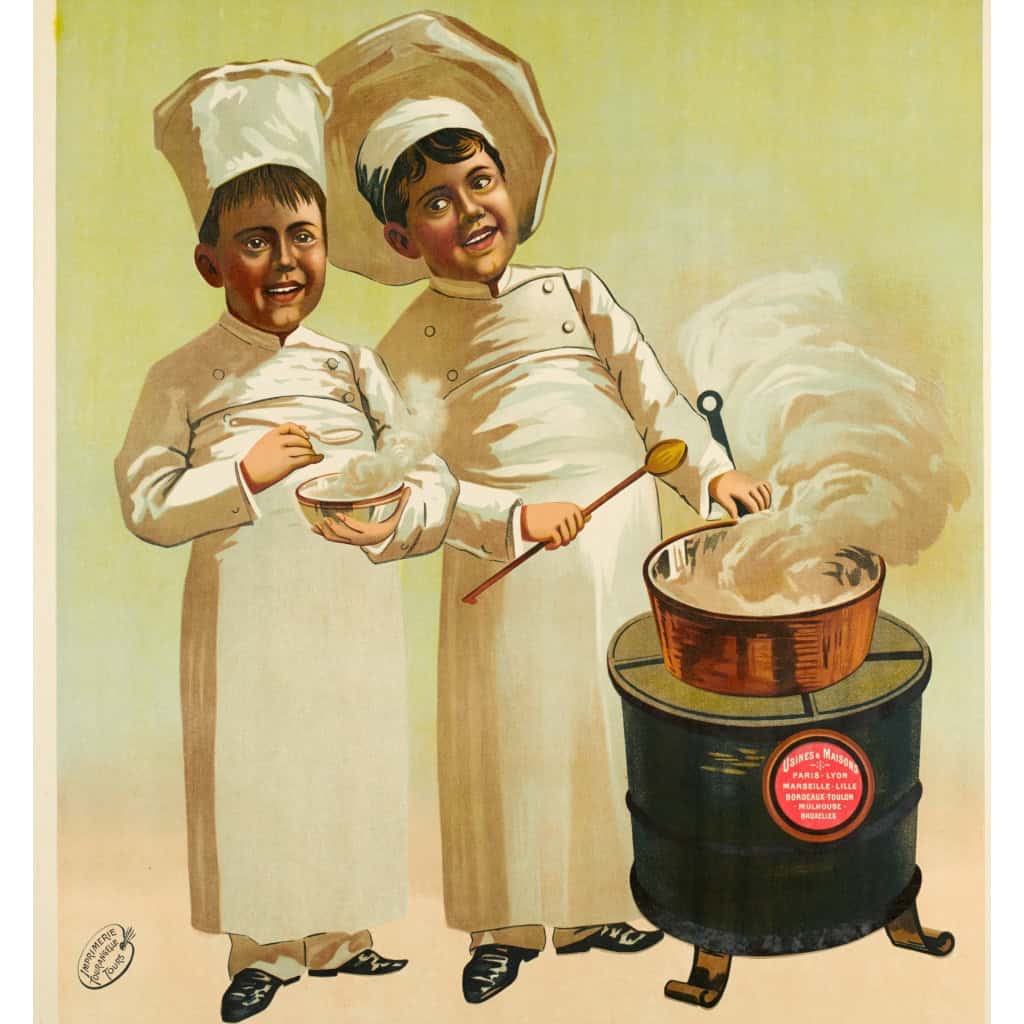 Affiche Art Nouveau Originale, Macaroni et Vermicelle, Rivoire et Carret, Pâtes, Spaghetti, Cuisine, Alimentation, Nourriture, Restaurant, Chef, Marmite, Casserole, Poêle, Lyon c.1900 4