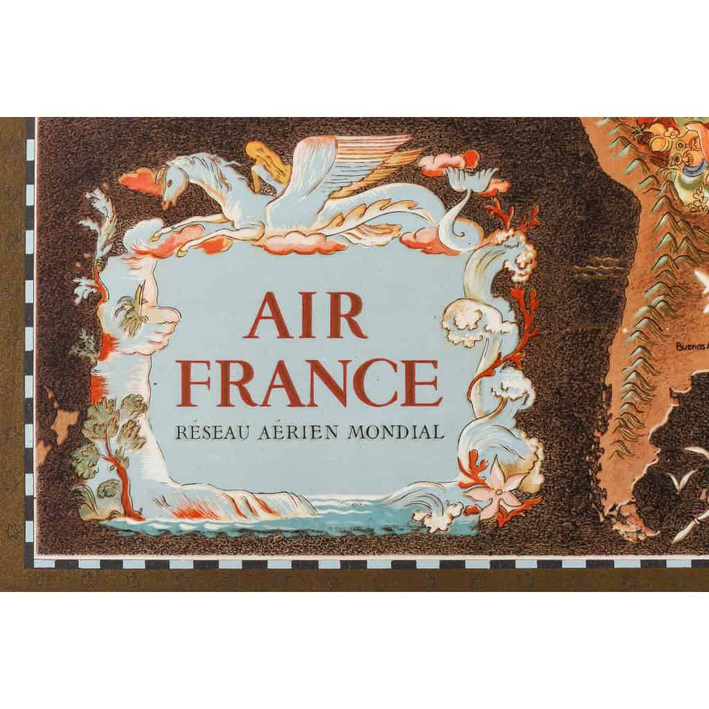 Affiche Air France Originale, Lucien Boucher, Voyage, Transport, Aviation, Avion, Vol, Planisphère, Carte du Monde, Réseau Aérien Mondial, Globe, 1948 4