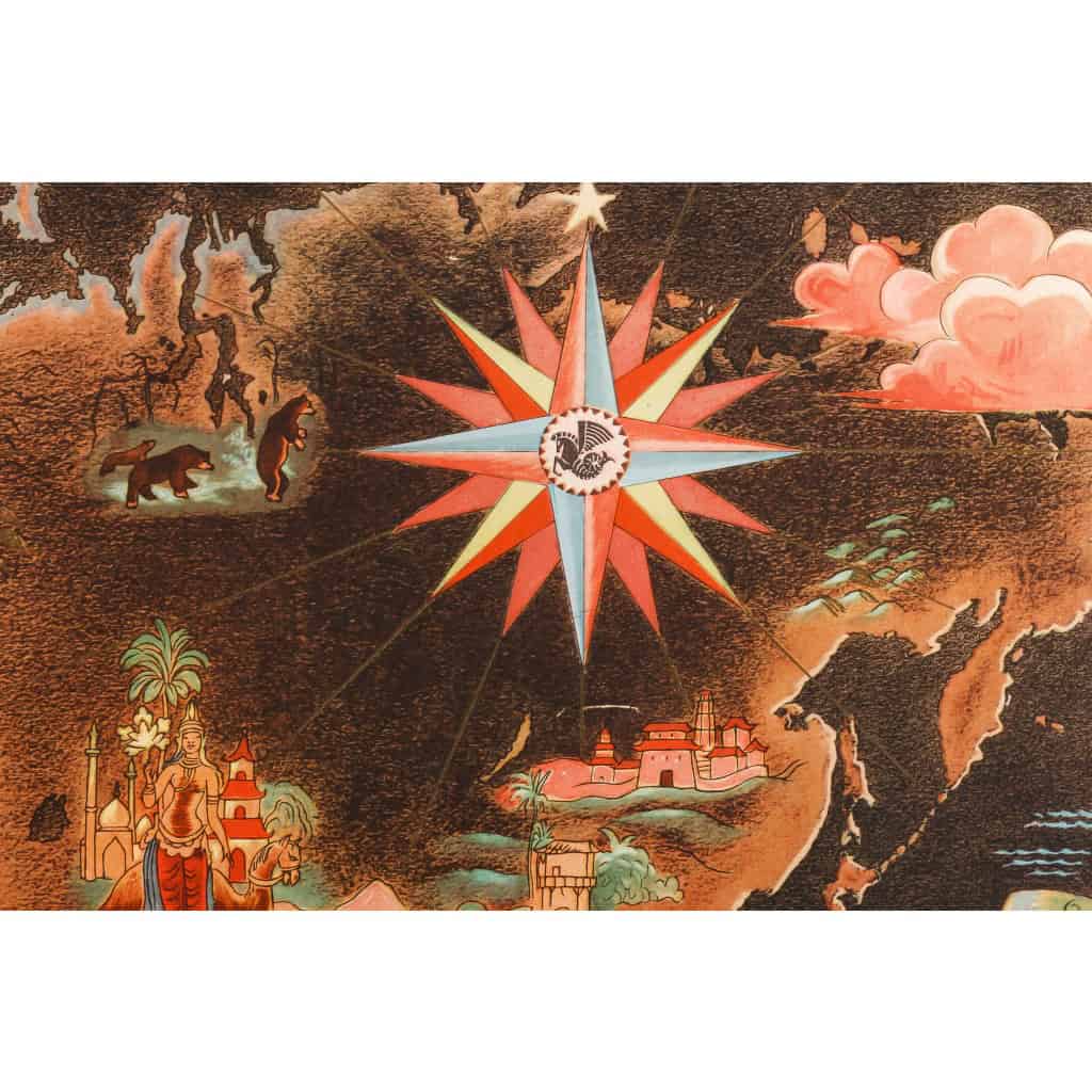 Affiche Air France Originale, Lucien Boucher, Voyage, Transport, Aviation, Avion, Vol, Planisphère, Carte du Monde, Réseau Aérien Mondial, Globe, 1948 6