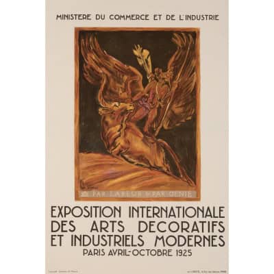 Affiche Art Déco Originale, Antoine Bourdelle, Exposition Internationale des Arts Décoratifs et Industriels Modernes, Ministère du Commerce et de l’Industrie, Travaux d’Hercules, Taureau Crétois, Labeur, Génie, 1925