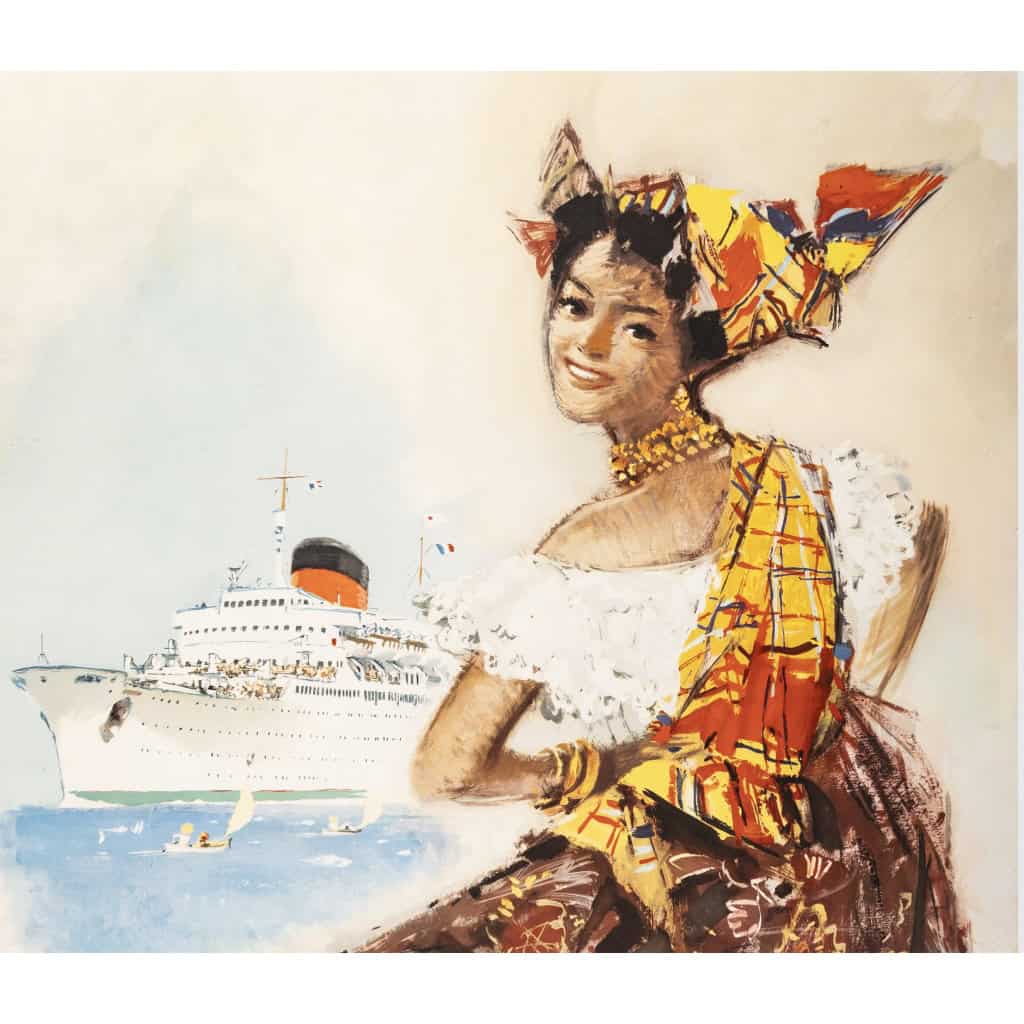 Affiche Toursime Originale, Albert Brenet, Compagnie Générale Transatlantique, Transport, Voyage, Croisière, Amérique Centrale, Vénézuela, Antilles, Navire, Bateau, c.1950 4