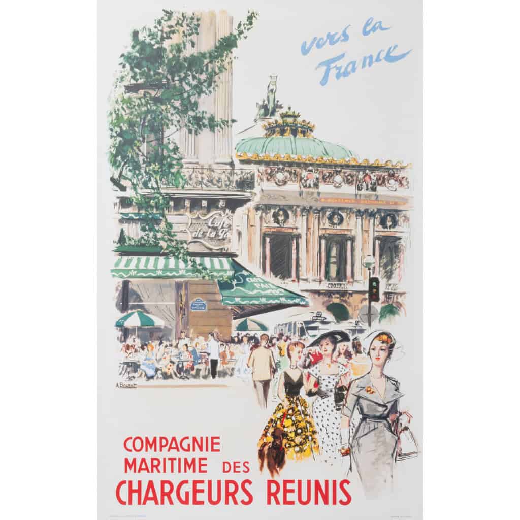 Affiche Tourisme Originale, Albert Brenet, Compagnie Maritime des Chargeurs Réunis, Transport, Voyage, Croisière, Navire, Bateau, Paquebot, Café de la Paix, Opéra, Paris, France, c.1950 3