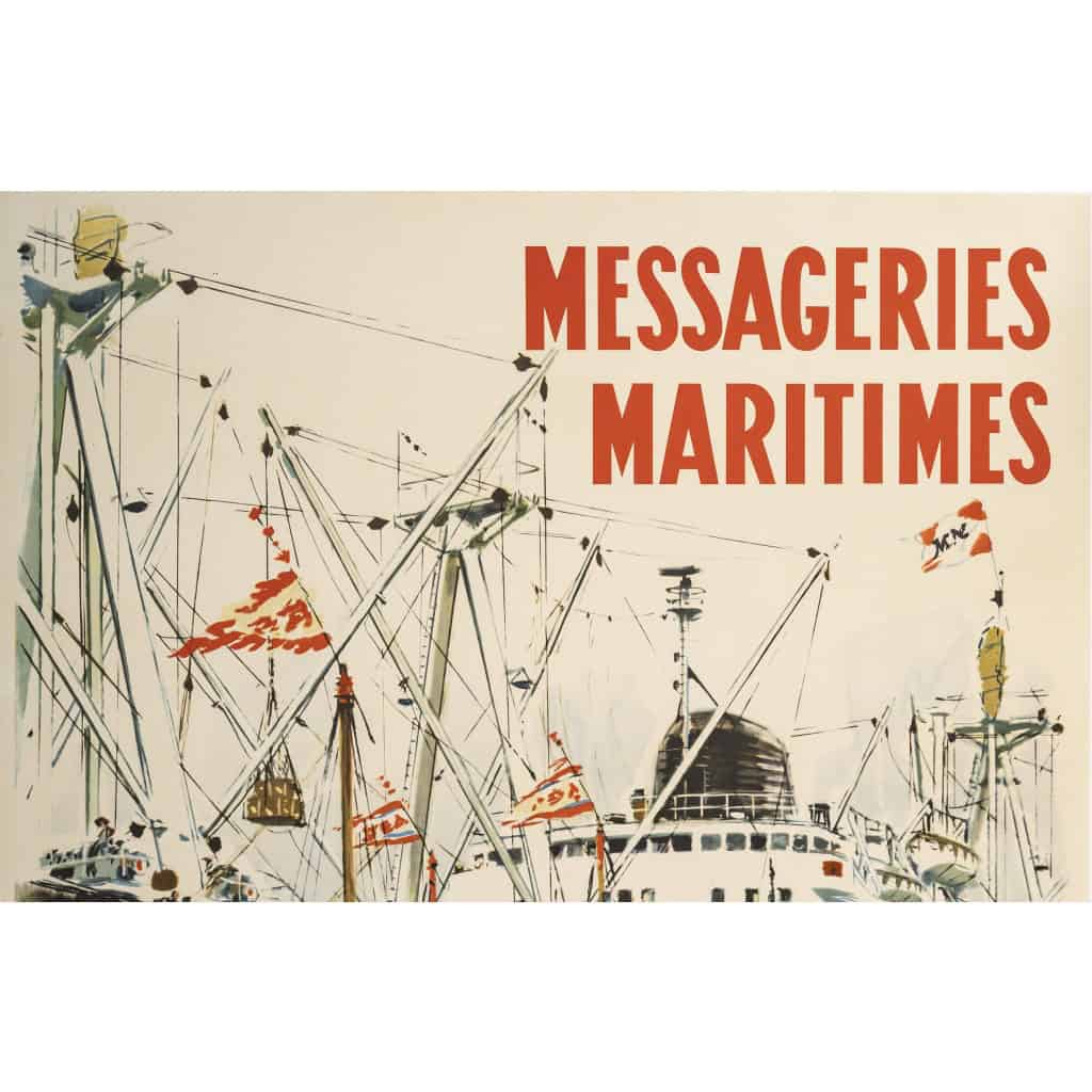 Affiche Tourisme Originale, Albert Brenet, Messageries Maritimes, Transport, Voyage, Croisière, Japon, Australie, Afrique du Sud, Europe du Nord, Atlantique, Navire, Bateau, Paquebot, 1954 5