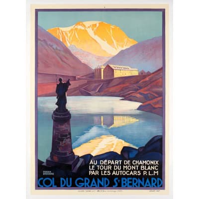 Affiche Art Déco Originale, Roger Broders, Col du Grand-Saint-Bernard, PLM, Suisse, Alpes, Mont-Blanc, Grand Combin, Chamonix, Montagne, Sommet, Glacier, Vallée, Lac, Tourisme, Voyage, Transport, Autocars, 1927