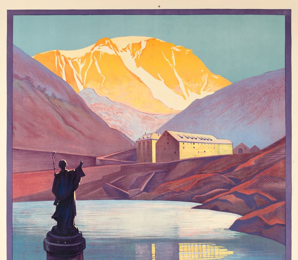 Affiche Art Déco Originale, Roger Broders, Col du Grand-Saint-Bernard, PLM, Suisse, Alpes, Mont-Blanc, Grand Combin, Chamonix, Montagne, Sommet, Glacier, Vallée, Lac, Tourisme, Voyage, Transport, Autocars, 1927 4