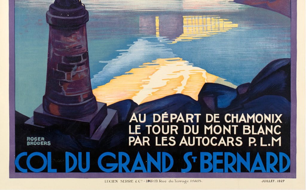 Affiche Art Déco Originale, Roger Broders, Col du Grand-Saint-Bernard, PLM, Suisse, Alpes, Mont-Blanc, Grand Combin, Chamonix, Montagne, Sommet, Glacier, Vallée, Lac, Tourisme, Voyage, Transport, Autocars, 1927 5