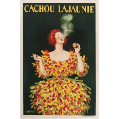 Affiche Originale, Leonetto Cappiello, Cachou Lajaunie, Confiserie, Pastille, Bonbon, Réglisse, Menthe, Hygiène, Haleine, Fumeur, Femme, Robe, Plumes, Boîte, Cigarette, Fumée, 1920