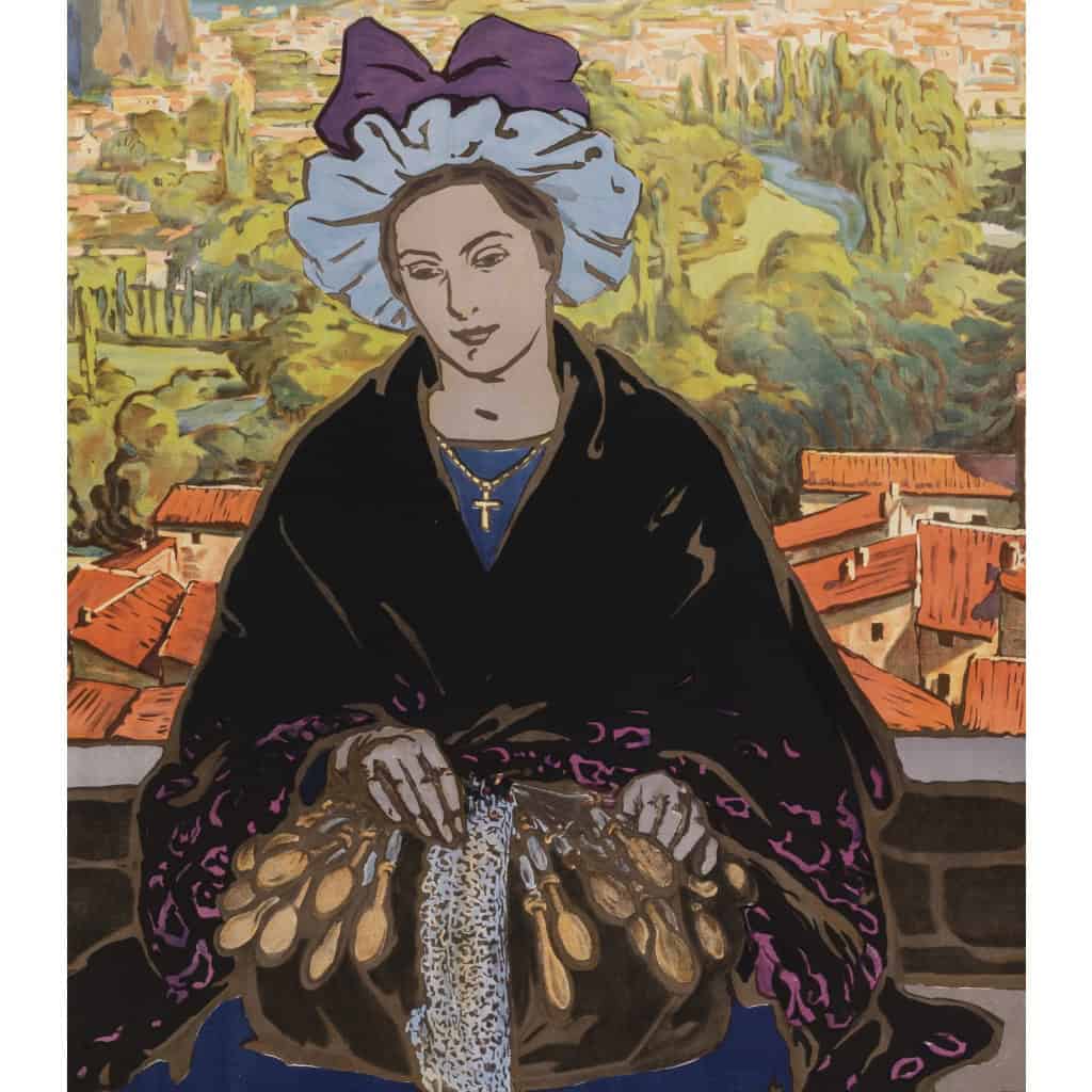 Affiche Tourisme Originale, Joseph de La Nézière, Le Puy, PLM, Chemins de Fer, Trains, Autocars, Transport, Voyage, Puy-en-Velay, St Michel d’Aiguilhe, 1925 4