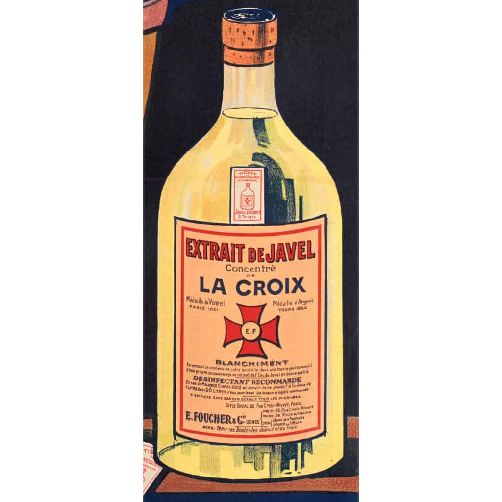 Affiche Originale, Eugène Ogé, Javel La Croix, Bouteille, Lessive, Blanchiment, Lavage, Poudre, Savon, Mousse, Linge, Liquide, Laverie, Hygiène, Nettoyage, Fortune, Argent, Billet, Francs, Caricature, 1914 7