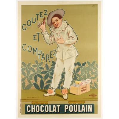 Affiche Art Nouveau Originale, Firmin Bouisset, Chocolat Poulain, Goûtez et Comparez, Chocolaterie, Cacao, Confiserie, Tablette, Biscuit, Gâteau, Pâtisserie, Alimentation, Nourriture, Cuisine, Pierrot, c.1898