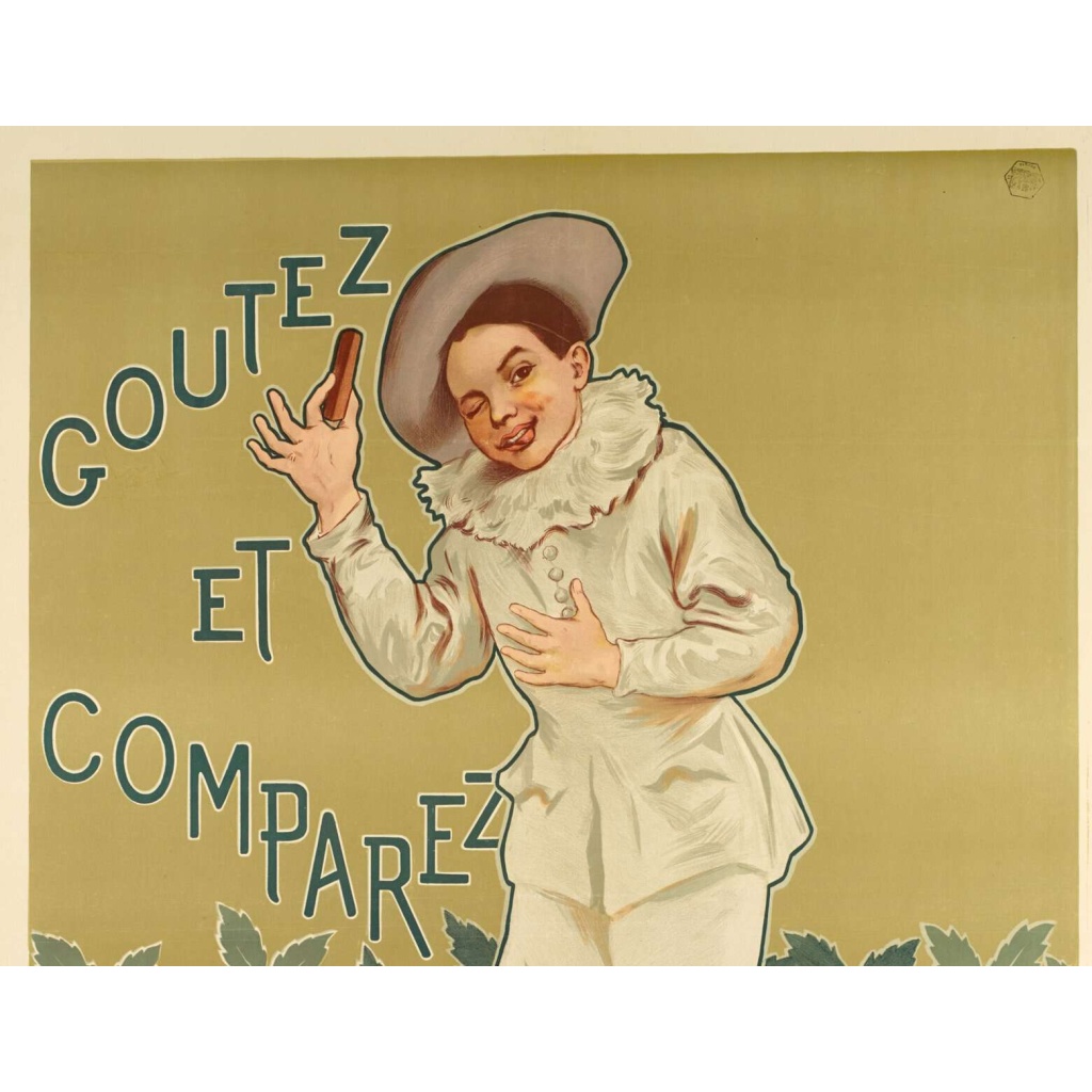 Affiche Art Nouveau Originale, Firmin Bouisset, Chocolat Poulain, Goûtez et Comparez, Chocolaterie, Cacao, Confiserie, Tablette, Biscuit, Gâteau, Pâtisserie, Alimentation, Nourriture, Cuisine, Pierrot, c.1898 4