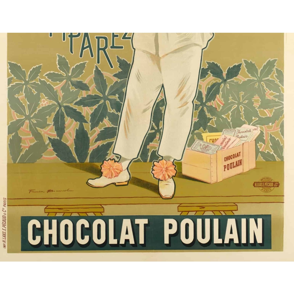 Affiche Art Nouveau Originale, Firmin Bouisset, Chocolat Poulain, Goûtez et Comparez, Chocolaterie, Cacao, Confiserie, Tablette, Biscuit, Gâteau, Pâtisserie, Alimentation, Nourriture, Cuisine, Pierrot, c.1898 5