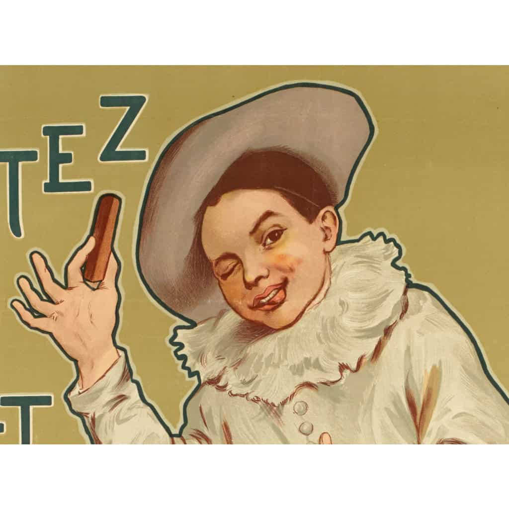 Affiche Art Nouveau Originale, Firmin Bouisset, Chocolat Poulain, Goûtez et Comparez, Chocolaterie, Cacao, Confiserie, Tablette, Biscuit, Gâteau, Pâtisserie, Alimentation, Nourriture, Cuisine, Pierrot, c.1898 6