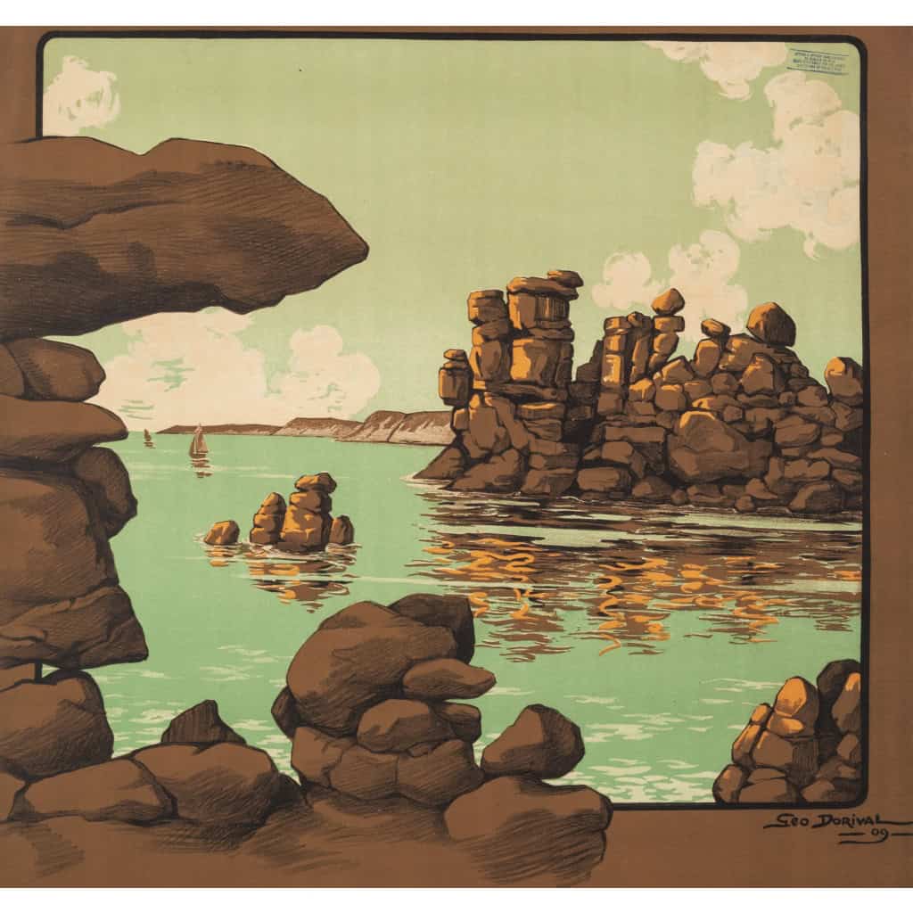 Affiche Tourisme Originale, Géo Dorival, Chemins de Fer, Transport, Voyage, Bretagne Pittoresque, Côtes du Nord, Trains, 1909 4