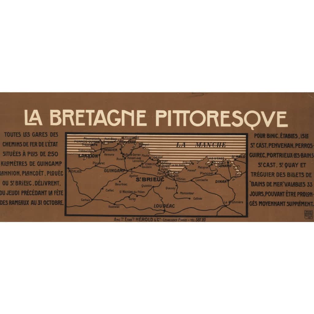 Affiche Tourisme Originale, Géo Dorival, Chemins de Fer, Transport, Voyage, Bretagne Pittoresque, Côtes du Nord, Trains, 1909 5