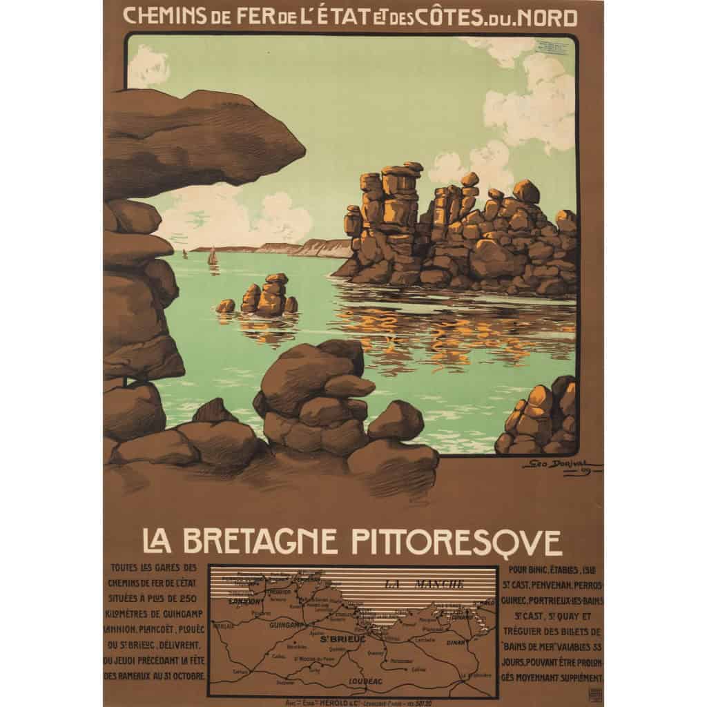 Affiche Tourisme Originale, Géo Dorival, Chemins de Fer, Transport, Voyage, Bretagne Pittoresque, Côtes du Nord, Trains, 1909 3