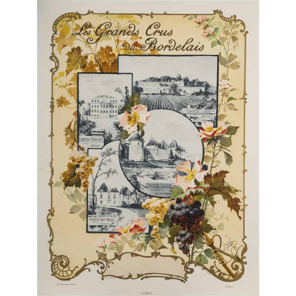 Affiche Art Nouveau Originale, Géojan, Les Grands Crus du Bordelais, Alcool, Boisson, Bouteille, Vin, Vignoble, Vigne, Vigneron, Viticulteur, Raisin, Cépage, Bordeaux, Château Margaux, Château Lafite, Château Yquem, Château Haut Brion, Fleurs, 1899 3