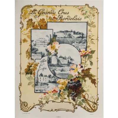 Affiche Art Nouveau Originale, Géojan, Les Grands Crus du Bordelais, Alcool, Boisson, Bouteille, Vin, Vignoble, Vigne, Vigneron, Viticulteur, Raisin, Cépage, Bordeaux, Château Margaux, Château Lafite, Château Yquem, Château Haut Brion, Fleurs, 1899 3