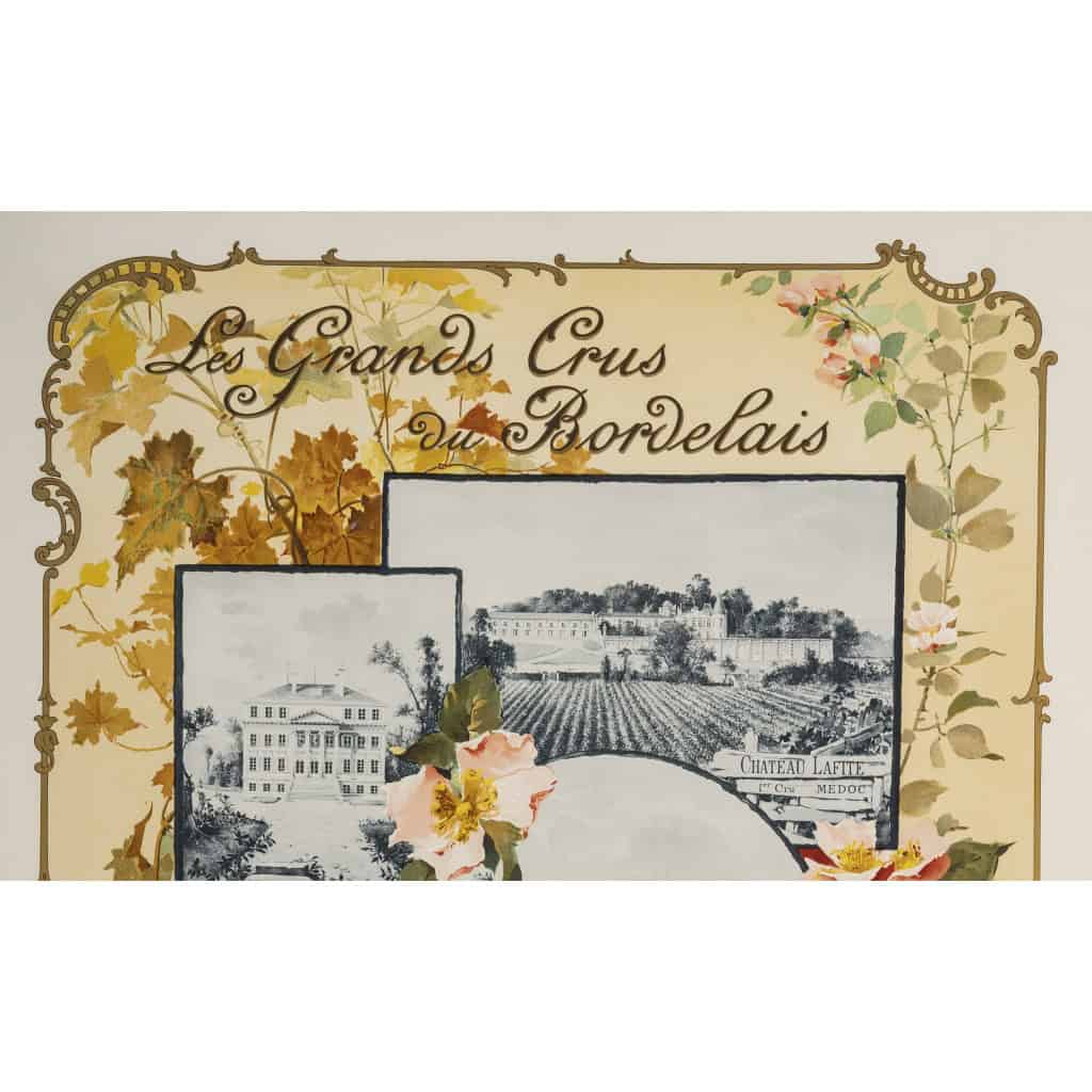 Affiche Art Nouveau Originale, Géojan, Les Grands Crus du Bordelais, Alcool, Boisson, Bouteille, Vin, Vignoble, Vigne, Vigneron, Viticulteur, Raisin, Cépage, Bordeaux, Château Margaux, Château Lafite, Château Yquem, Château Haut Brion, Fleurs, 1899 4