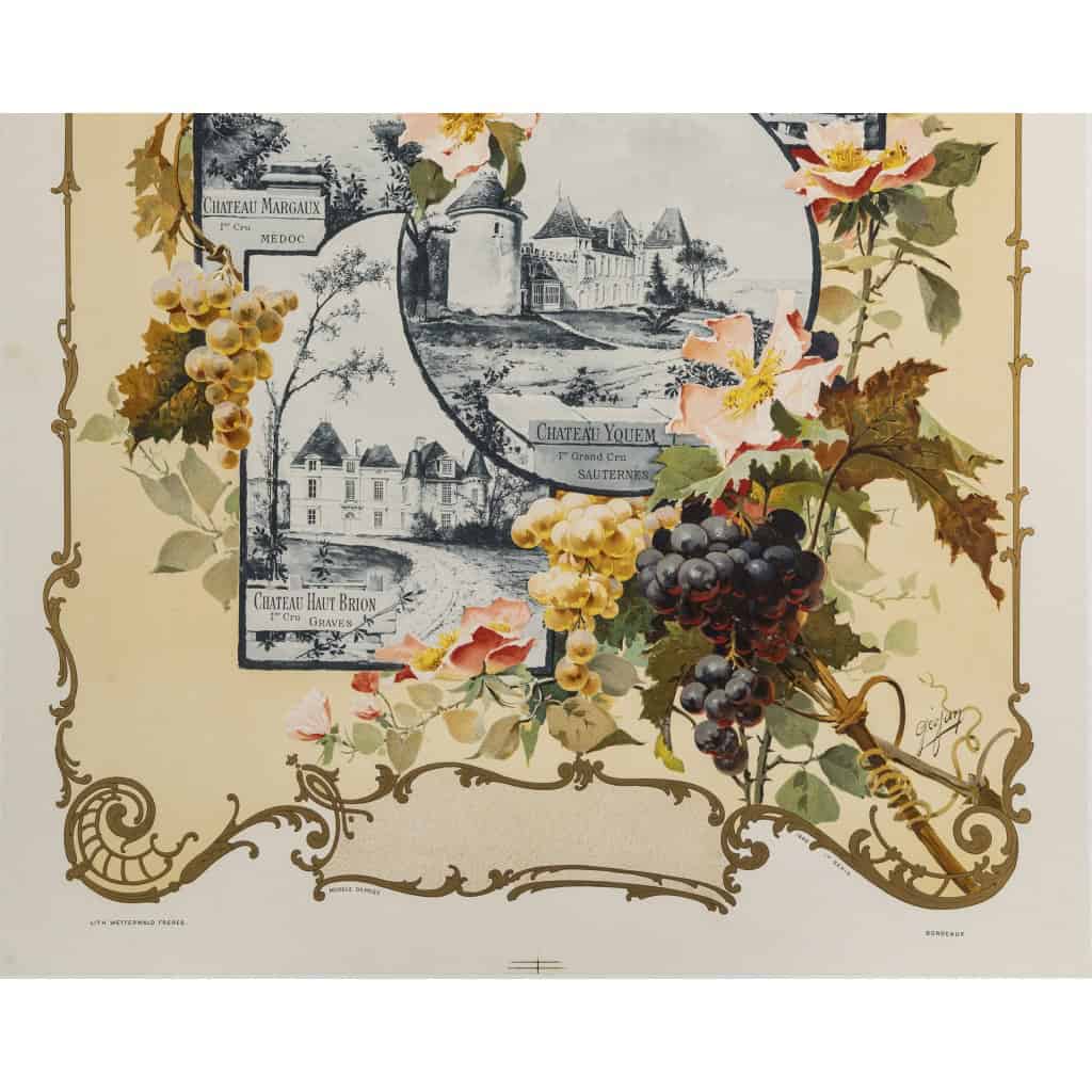 Affiche Art Nouveau Originale, Géojan, Les Grands Crus du Bordelais, Alcool, Boisson, Bouteille, Vin, Vignoble, Vigne, Vigneron, Viticulteur, Raisin, Cépage, Bordeaux, Château Margaux, Château Lafite, Château Yquem, Château Haut Brion, Fleurs, 1899 5