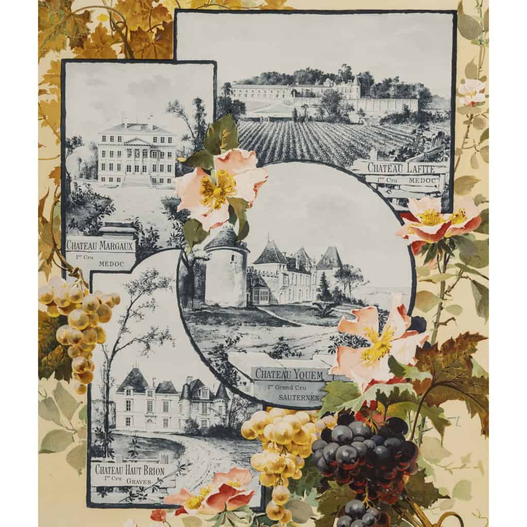 Affiche Art Nouveau Originale, Géojan, Les Grands Crus du Bordelais, Alcool, Boisson, Bouteille, Vin, Vignoble, Vigne, Vigneron, Viticulteur, Raisin, Cépage, Bordeaux, Château Margaux, Château Lafite, Château Yquem, Château Haut Brion, Fleurs, 1899 6